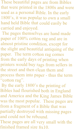 These beautiful pages are from Bibles that were printed in the 1800s and were used as a personal Bible. In the early 1800’s, it was popular to own a small hand held Bible that could easily be carried and enjoyed. 
 The pages themselves are hand made paper of 100% cotton rag and are in almost pristine condition, except for the slight and beautiful antiquing of the paper.  The term cotton rag comes from the early days of printing when printers would buy rags from sellers in the street and then clean them and process them into paper - thus the term “cotton rag”. 
 By the early 1800’s the printing of Bibles had flourished both in England and America and the King James Bible was the most popular.  These pages are from a fragment of a Bible that was partially destroyed with missing pages and could not be rebound. 
These pages are all very small with the finished framed size 8x10.

